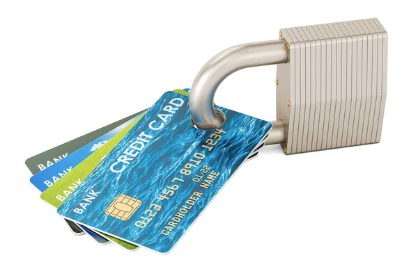 Carte di credito e lucchetto, concetto di pagamento di sicurezza. Rendering 3D — Foto Stock