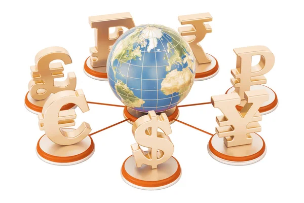 Globo della Terra con simboli di valuta intorno, rendering 3D — Foto Stock