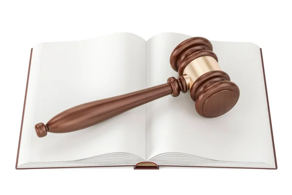 Opened blank book with gavel, 3D rendering — Stock Photo, Image