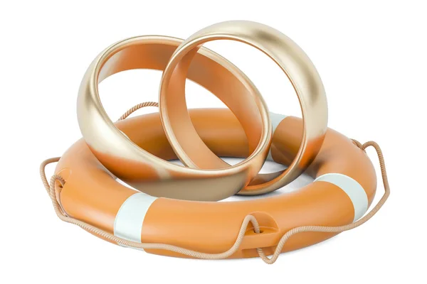 Lifebuoy com anéis de casamento dourados, renderização 3D — Fotografia de Stock