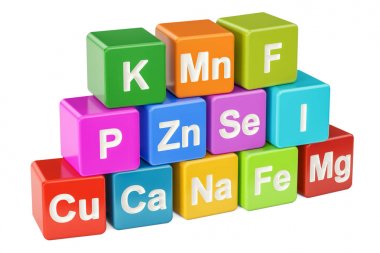 Renkli küpleri ile öğeleri kümesi. Sağlıklı yaşam konsepti, 3d ren