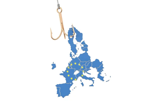 Gancho de pesca con mapa de la UE, representación 3D —  Fotos de Stock
