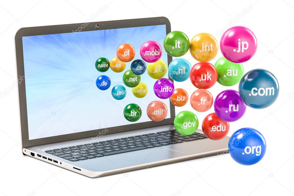 Set of colored  balls with domain names fly out from laptop, 3D 