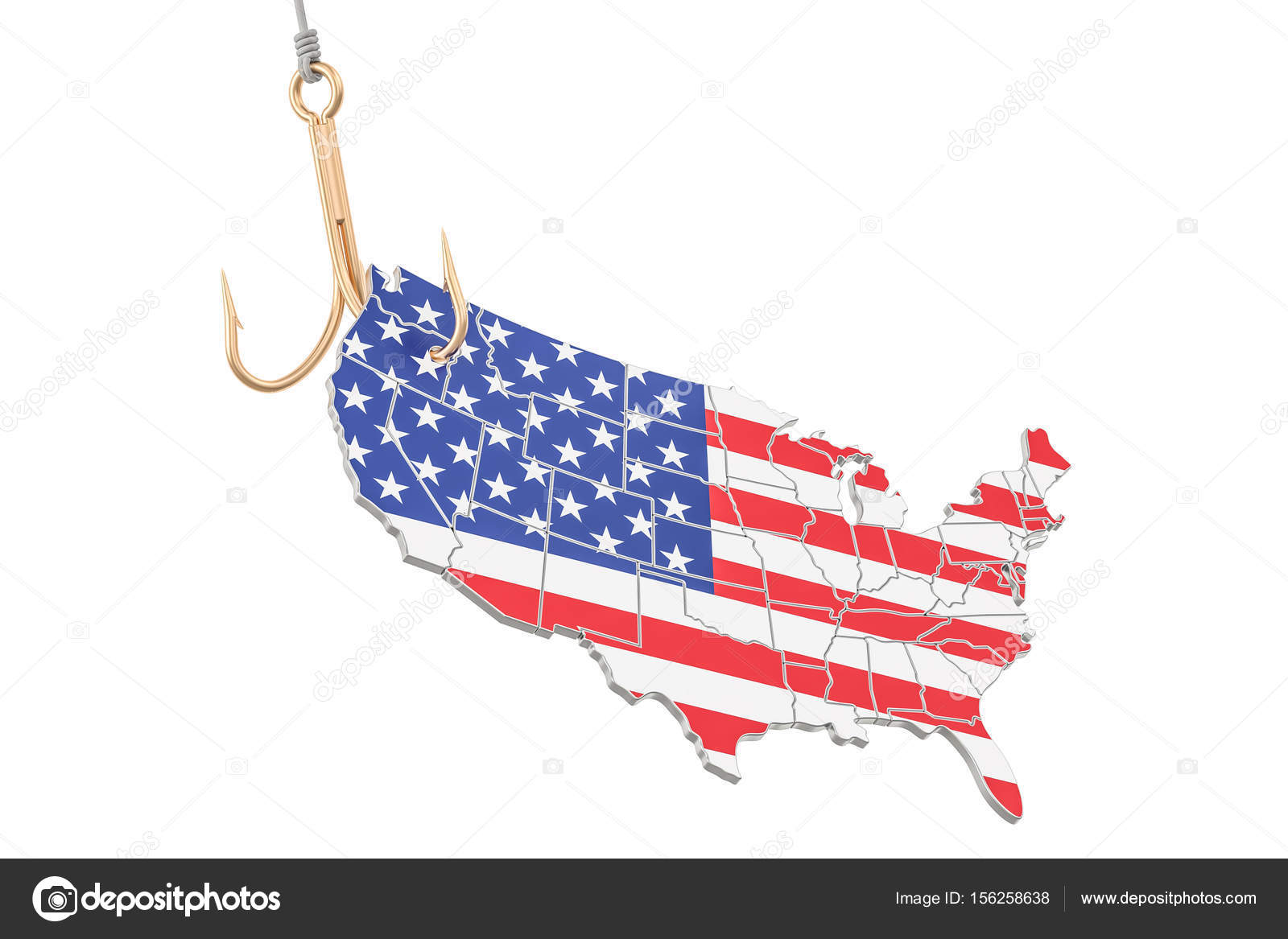 Fishing hook with map of USA, 3D rendering Stock Illustration by