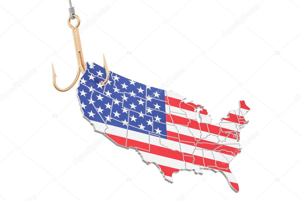 Fishing hook with map of USA, 3D rendering