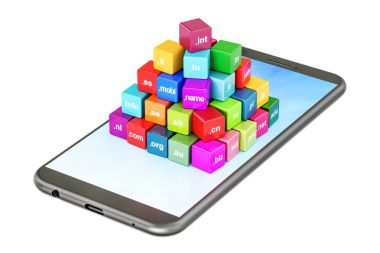 Etki alanı adları smartphone, 3d renderi ile renkli küpler kümesi