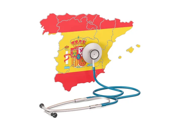 西班牙地图与听诊器，国家卫生保健概念，3d r — 图库照片