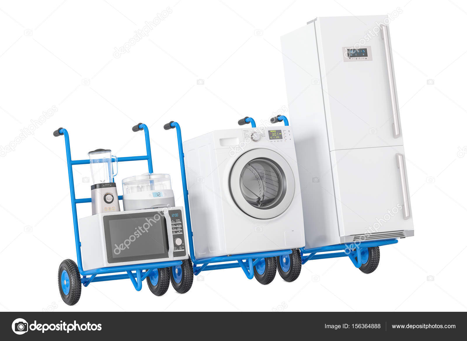 Appliance delivery. Hand truck, fridge, washing machine and microwave oven., Stock image