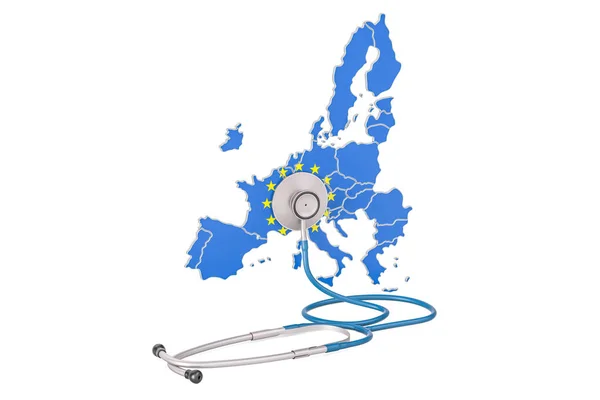 Mapa de la UE con estetoscopio, concepto nacional de asistencia sanitaria, representación 3D —  Fotos de Stock