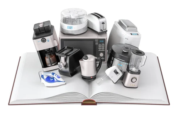 Opened blank book with household kitchen appliances, 3D renderin — Stock Photo, Image