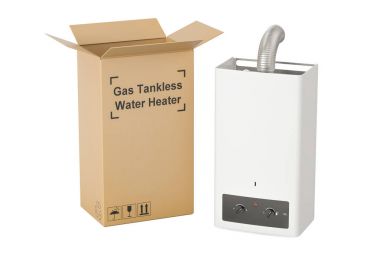 Karton kutu, teslimat kavramı ile gaz tankless su ısıtıcı. 