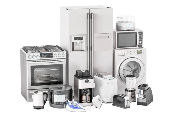 Set thuis keukenapparatuur. Broodrooster, wasmachine, koelkast — Stockfoto