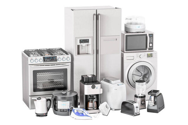 Set of kitchen home appliances. Toaster, washing machine, fridge