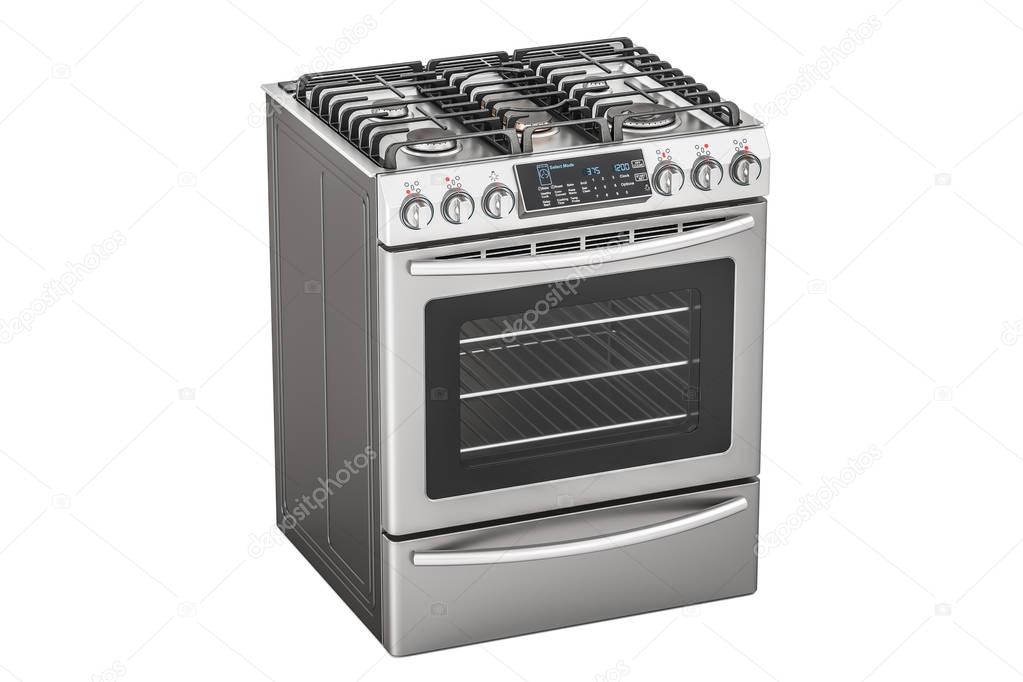 Steel gas cooker with oven, 3D rendering