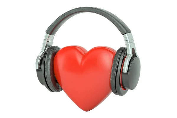 Red heart with headphones, favorite music concept. 3D rendering — Stock Photo, Image