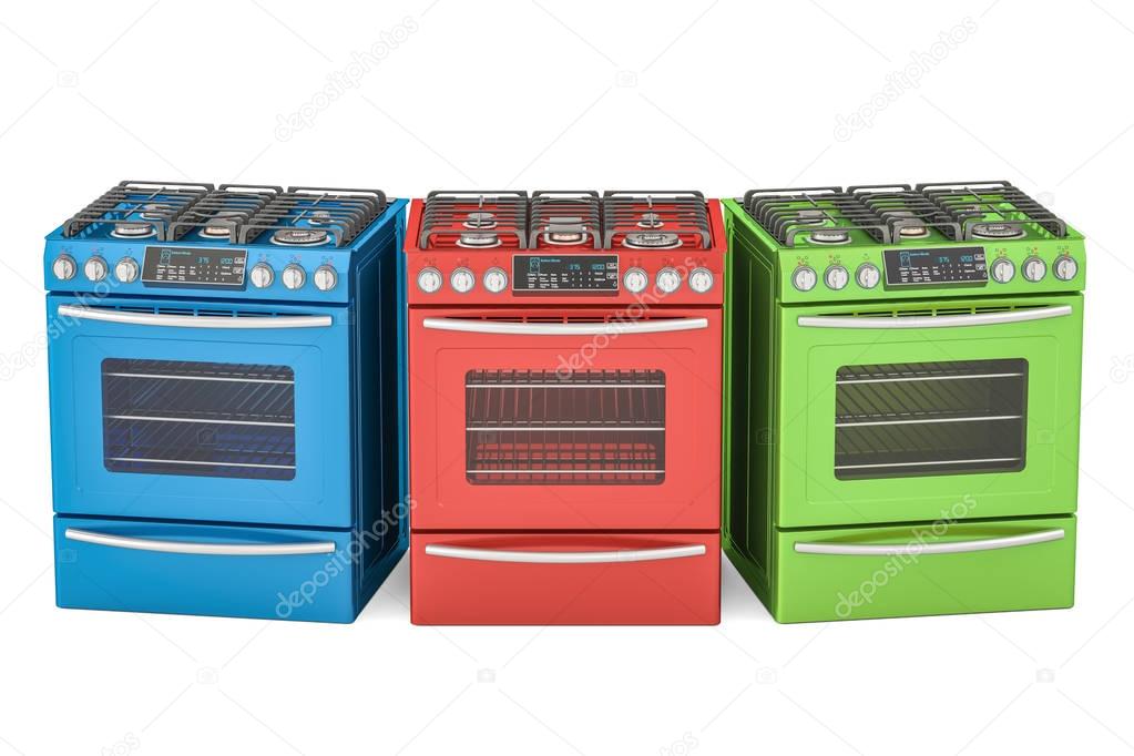 Set of colored gas cookers, 3D rendering