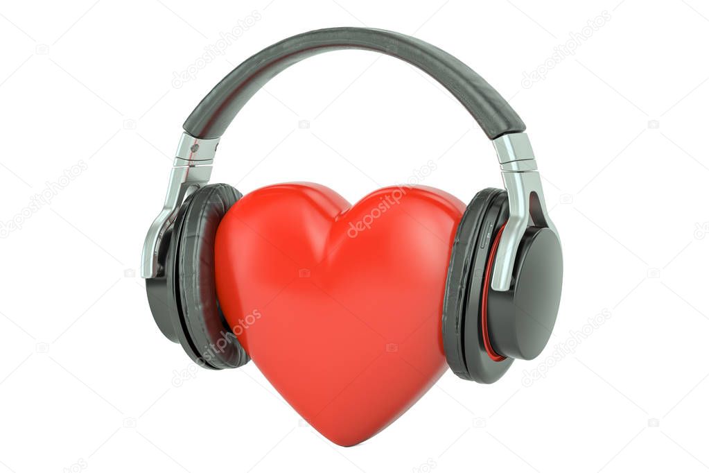 Red heart with headphones, favorite music concept. 3D rendering