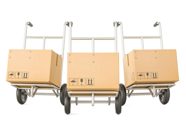 Ruční vozíky s pozemky, expedice a dodání koncept. 3D protrhl — Stock fotografie