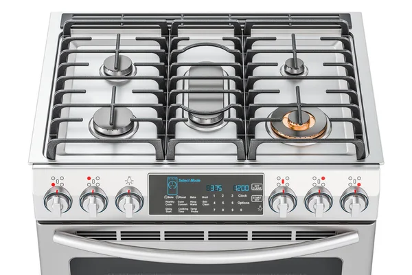 Steel gas cooker with oven top view closeup, 3D rendering — Stock Photo, Image