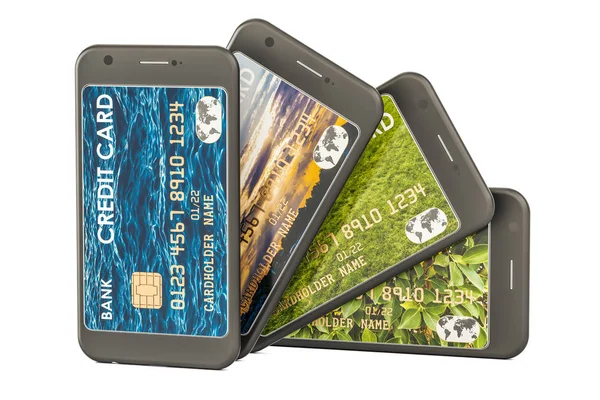 Smartphones con tarjetas de crédito. Cartera electrónica en el teléfono móvil — Foto de Stock