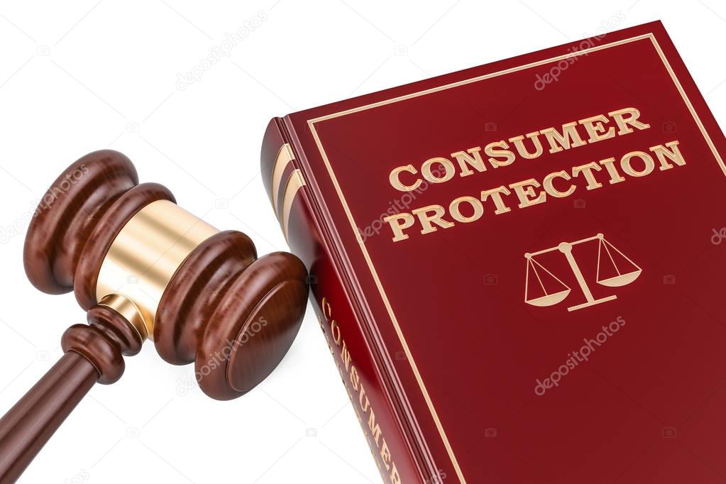 Consumer protection concept with gavel and book, 3D rendering