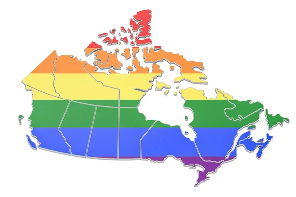 Mapa canadense com bandeira LGBT, renderização 3D — Fotografia de Stock