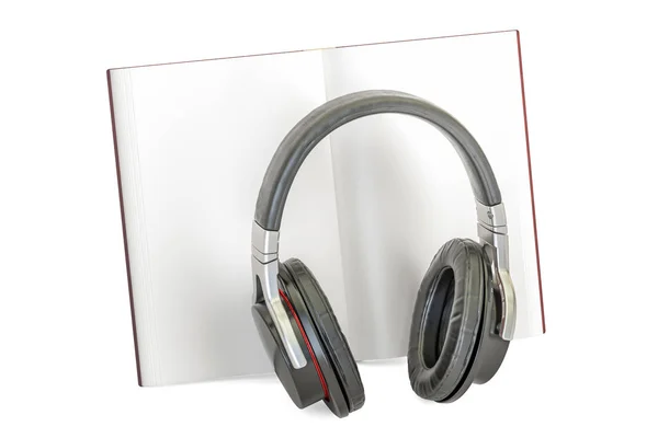 Audiobook concept. Opened book with headphones, 3D rendering — Stock Photo, Image