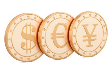 altın sikke kümesi. Dolar, euro ve yen ya da yuan, 3d render