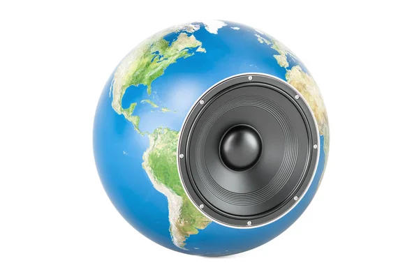 Globala musikaliska koncept, jorden världen med högtalare. 3D vilke — Stockfoto
