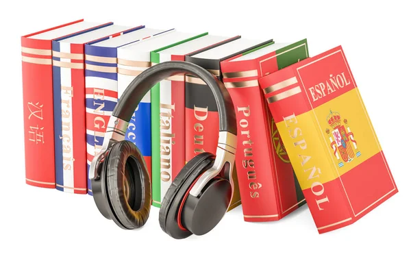 Headphones and language books, learning concept. 3D rendering — Stock Photo, Image