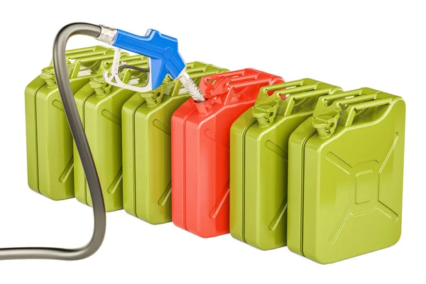Gas pump nozzle and jerrycans, 3D rendering — Stock Photo, Image