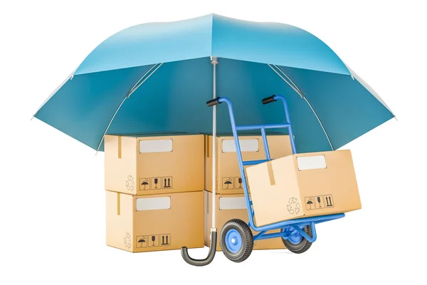 Parcelas sob guarda-chuva, segurança e proteger conceito de entrega. 3D — Fotografia de Stock