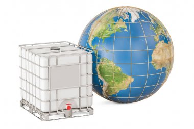Intermediate bulk container with Earth globe. Transport of liqui clipart