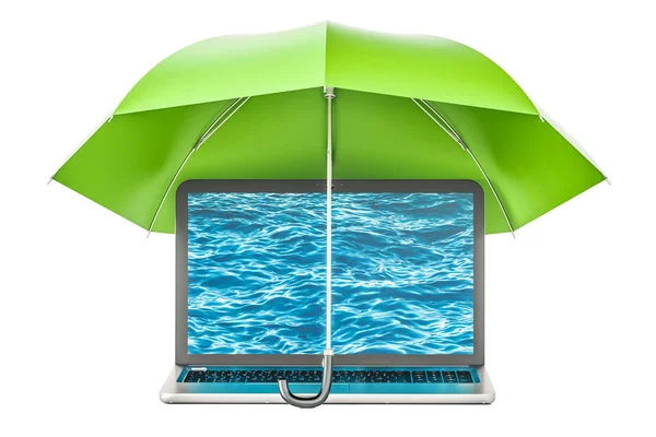 Laptop sob guarda-chuva, conceito de segurança e proteção. Rende 3D — Fotografia de Stock