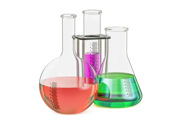 Renkli sıvı, 3d render ile kimyasal şişeler kümesi — Stok fotoğraf