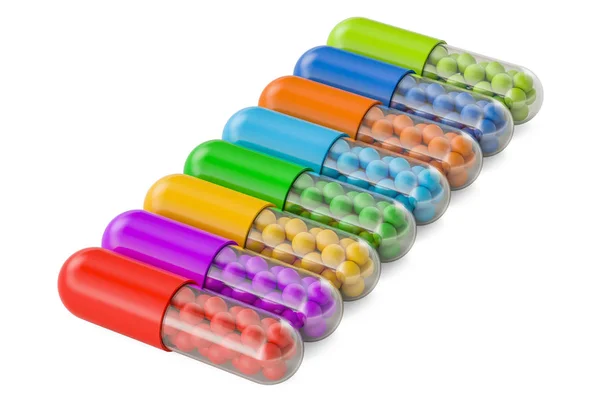 Set de capsule medicamentoase colorate, redare 3D — Fotografie, imagine de stoc