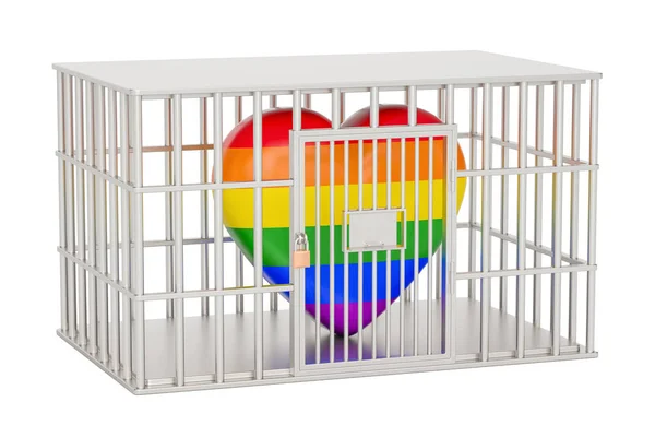 Cage, prison cell with gay heart rainbow, 3D rendering — Stock Photo, Image