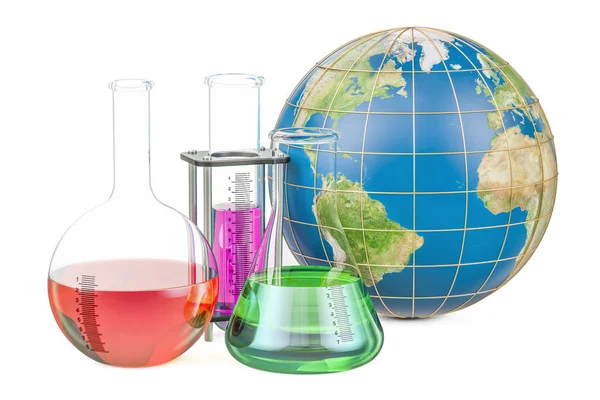 Flasks with Earth globo, concetto di ricerca e scoperta globale . — Foto Stock