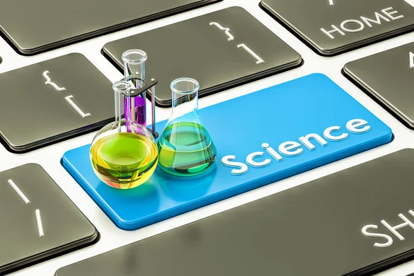 Botón azul de la ciencia, tecla en el teclado del ordenador. Renderizado 3D — Foto de Stock