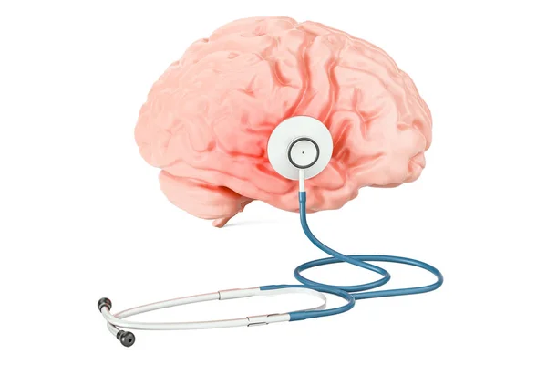 Estetoscopio con cerebro humano, concepto médico. Renderizado 3D — Foto de Stock