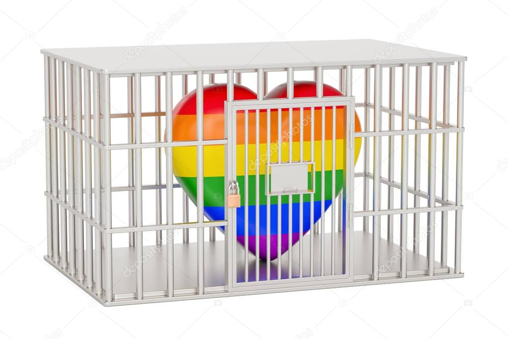 cage, prison cell with gay heart rainbow, 3D rendering
