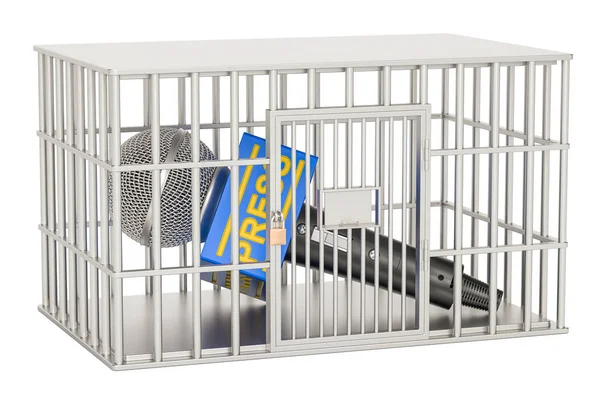 Mikrofonpresse im Käfig, Gefängniszelle. Pressefreiheit — Stockfoto