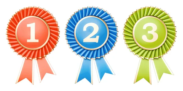 Set of winning awards, medals or badges with ribbons. 3D renderi — Stock Photo, Image