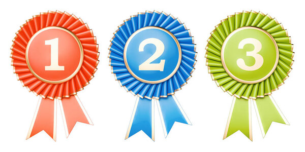 Set of winning awards, medals or badges with ribbons. 3D renderi