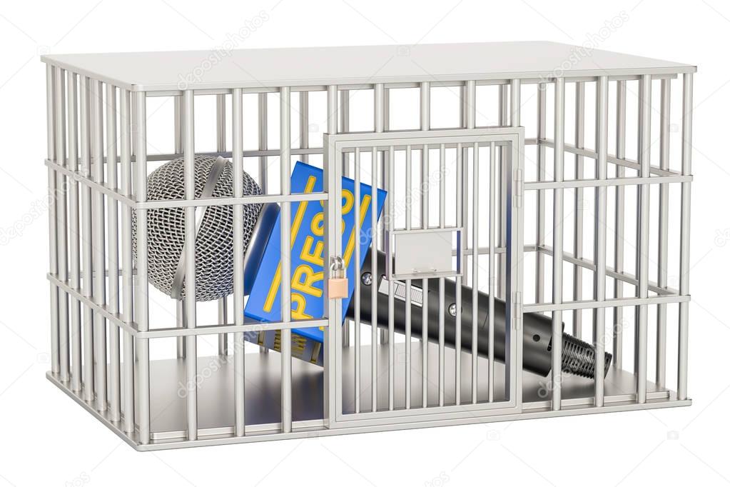 Microphone press inside cage, prison cell. Freedom of the press 