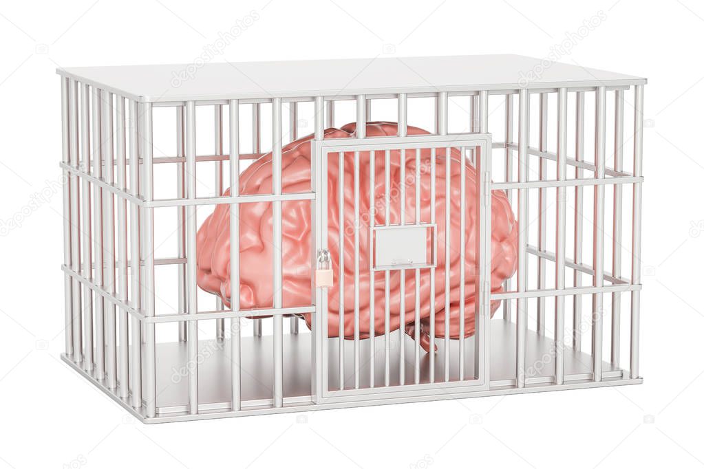 Cage, prison cell with a brain inside, 3D rendering
