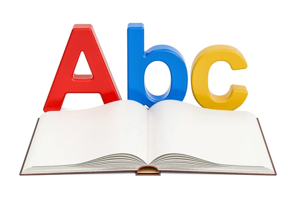 Concetto educativo. Libro bianco aperto con lettera ABC, rendering 3D — Foto Stock