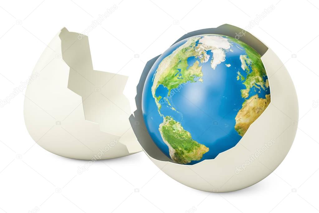 Earth globe inside broken chicken egg, 3D rendering
