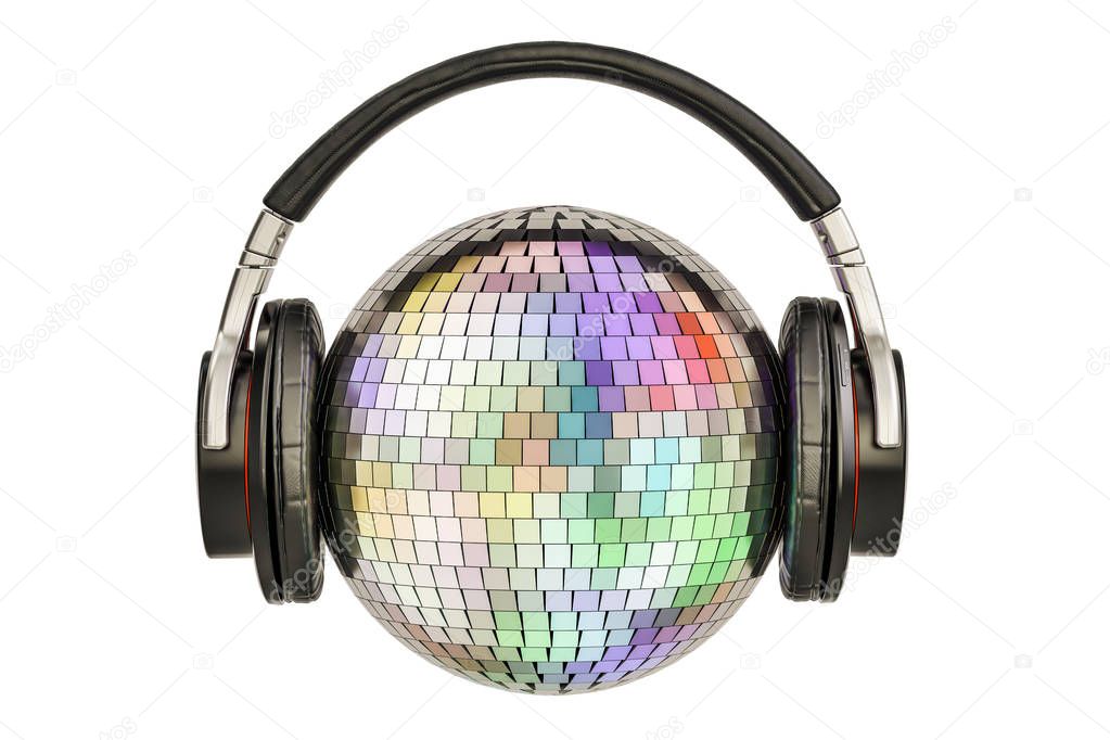 Headphones with mirror disco ball, 3D rendering