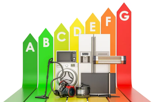 Energieeffizienzdiagramm mit Haushaltsgeräten, 3D-Rendering — Stockfoto